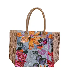 Custom Supplier Of Paper Straw Sequin Tote Bag Available Straw Beach Bag Women Handbag