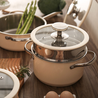 Ensemble de casseroles et poêles en acier inoxydable beige antiadhésif avec couvercle en verre, compatible induction