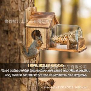 Comedero de madera para ardillas, para montar en la pared, con escalera y tubo de alimentación de vidrio, para uso en jardín. - Product Image 2