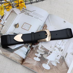 <span class=keywords><strong>Ceinture</strong></span> en cuir noir pour <span class=keywords><strong>femme</strong></span> Yonger Factory avec <span class=keywords><strong>boucle</strong></span> ardillon <span class=keywords><strong>dorée</strong></span> et partie en tissu élastique – Accessoire de mode féminin - Product Image 2