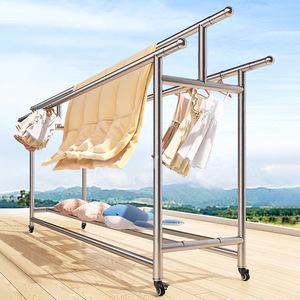 Séchoir à linge télescopique en acier inoxydable à double barre, sur pied, portable, pour balcon extérieur, avec roulettes - Product Image 1