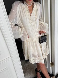 <span class=keywords><strong>Boutique</strong></span> en gros 2025 nouveau à la mode automne français élégant col en v brodé <span class=keywords><strong>Jacquard</strong></span> à manches longues robe pour femmes - Product Image 3