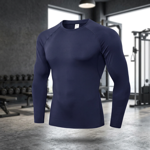 T-shirt de compression à manches longues bleu marine pour homme, coupe ajustée, col rond, sous-vêtement de sport, vente en gros, personnalisation avec logo, conception et fourniture - Product Image 2