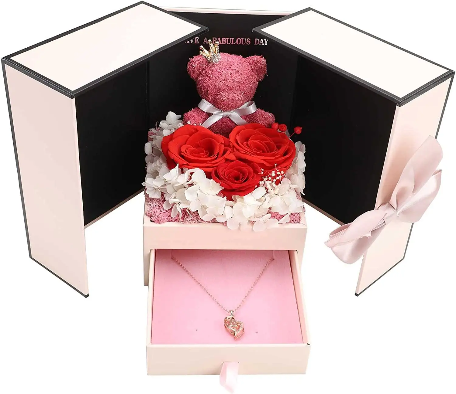 2023 New Design Christmas Decoration Preserved Flowers Big 2 Layer Pink Ribbon Valentine Necklace Teddy Bear Rose Gift Box