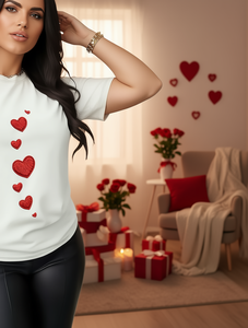 T-Shirt da Donna a Maniche Corte per San Valentino con Motivo a Cuori, Collo Tondo, Top Casual Traspirante in Jersey di Cotone Leggero - Product Image 2