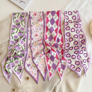 紧身长紫色碎花几何心形设计窄斜纹Y围巾手提包手柄包裹丝带围巾女式围巾 - Product Image 1