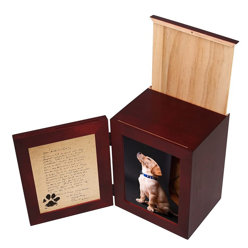 Urna de madera Pet Memorial Animal Funeral Supplies Ataúd Caja de almacenamiento Venta al por mayor Urnas de cremación con marco de fotos Urna para mascotas