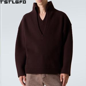 Cut And Sew Ribbed Knit Wool Sweater Men Heavyweight Mock Neck Jumper Men'S <b>Hoodies</b> & Sweatshirts Clothing Manufacturers Bulk - Product Image 3