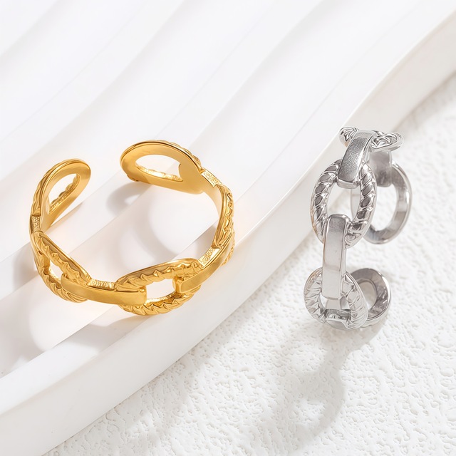 18K Gold Plated Stainless Steel Chain Link Ring - Adjustable Open Minimalist Stackable Ring for Women, Trendy Jewelry