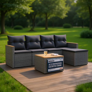 Ensemble de canapés de jardin modulaires en polyrotin gris, mobilier d'extérieur au design contemporain avec coussins en mousse haute densité - Product Image 2