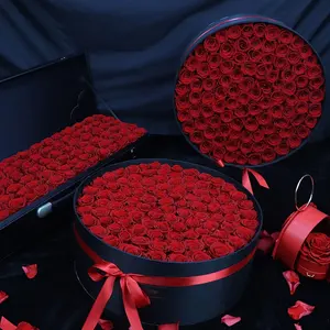 Presente do Dia dos namorados 99 pcs vermelho eterna subiu real toque rosas preservada em grande caixa para sempre flores rosas em caixa de presente redonda