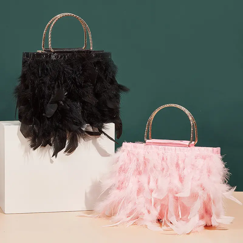 Luxury Feather Handbag Women's Evening Clutch Bag Pink and Black Women Bags Designer Party Purse