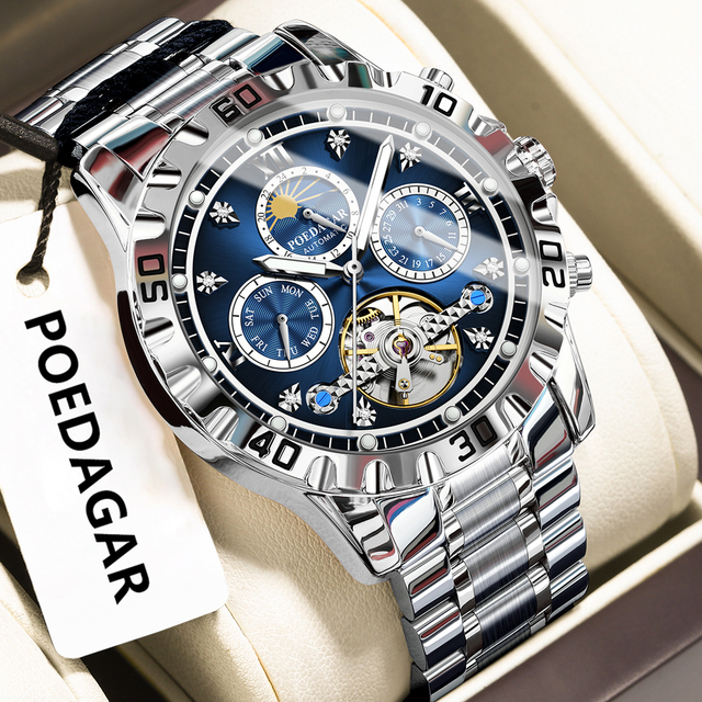 Poedagar 1423 Luxury Hollow Tourbillon Automatic Stainless Steel  Band Waterproof Men Mechanical Watch