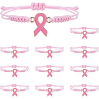 Vente en gros de bracelets ajustables roses en corde tressée pour femmes et filles bracelet à breloques avec signe du cancer du sein