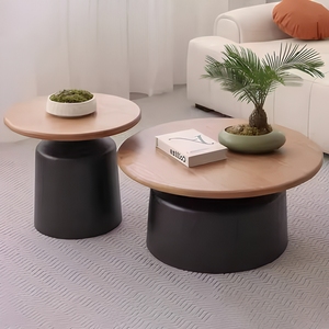 Modern Minimalist <b>Coffee</b> <b>Table</b> <b>Set</b> with Wood Top, Black or White Cylinder Base for Living Room Apartment Hotel - Product Image 3