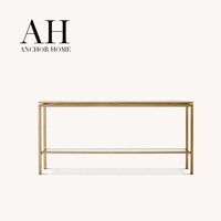 Table console scandinave haut de gamme en métal doré, deux niveaux en verre, cadre tubulaire carré fin, pieds plats pour entrée, personnalisable OEM/ODM