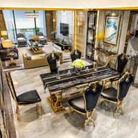Ensemble Table et Chaises de Salle à Manger de Luxe Style Royal Turc en Métal, Mobilier Classique Moderne avec Plateau en Marbre, 6 Places