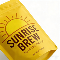 Sachet de café personnalisé imprimé jaune mat, refermable avec fermeture éclair, à fond à soufflet et à encoche de déchirement, vente en gros, sac vide