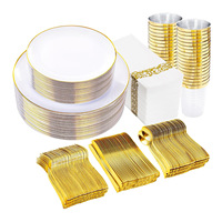 Vente chaude 175 Pièces Ensemble De Vaisselle En Or pour 25 Invités Assiettes En Plastique Ensemble De Vaisselle Couverts Jetables pour La Fête De Mariage
