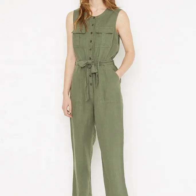 Groothandel Hoge Kwaliteit Losse Fit Plain Een Stuk Jumpsuit Met Tailleband Casual Tie Olive Groene Linnen Vrouwen Jumpsuits Elegante