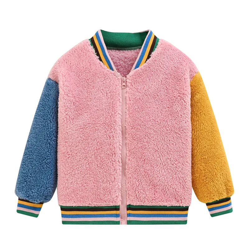 Renkli şerit nervürlü manşet fermuar Polar Polar sıcak ceket bebek kız çocuklar beyzbol ceket