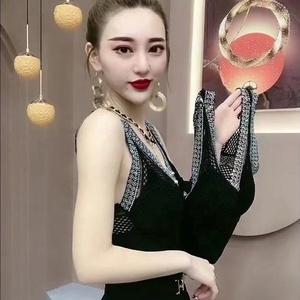 Femmes col en V <span class=keywords><strong>maille</strong></span> Sexy strass brillant paillettes mince tricot jarretelle <span class=keywords><strong>gilet</strong></span> sans manches discothèque Camisoles débardeur avec rembourré - Product Image 3