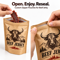Sacs d'emballage personnalisés en papier kraft pour bœuf séché, sachets refermables à fond plat pour snacks de viande séchée