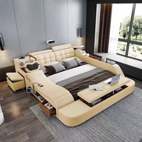 Ensemble de lit haut de gamme moderne en cuir de designer, multifonctionnel avec rangement et fonction massage, pour chambre à coucher, disponible en tailles King et Queen, en bois, pour garçons et filles