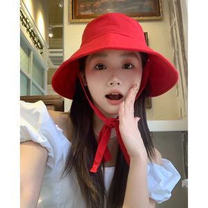 Mignon Coréen Inspiré <span class=keywords><strong>Petit</strong></span> Chaperon Rouge Seau Chapeau Mince Parasol Grand Bord Été Respirant Protection Solaire Style Pêcheur - Product Image 6