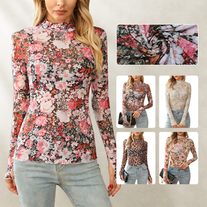 Blusas Elegantes de Manga Larga con Estampado Floral y Cuello Alto de Spandex Casuales de Verano para Mujer Hesayep, Elásticas en 4 Direcciones y Transpirables - Product Image 1