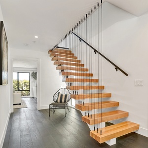 Escalera interior de acero al carbono para el hogar, escalones rectos de <span class=keywords><strong>madera</strong></span> <span class=keywords><strong>con</strong></span> cable, material de construcción moderno - Product Image 1