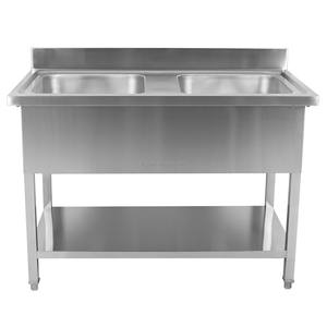 Table de préparation de cuisine commerciale en acier inoxydable NSF 201/304, tube carré argenté de 0,7 mm d'épaisseur, double évier, dosseret, armoire - Product Image 2