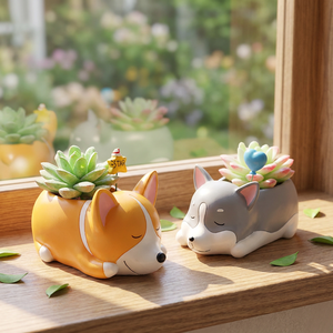 Maceta <span class=keywords><strong>de</strong></span> Poliresina con Diseño <span class=keywords><strong>de</strong></span> Corgi Durmiendo, Marca ROOGO, con Orificio <span class=keywords><strong>de</strong></span> Drenaje, Diseño <span class=keywords><strong>de</strong></span> Dibujos Animados, Decoración Ecológica para el Hogar - Product Image 1
