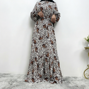 6373 #   Vestidos Musulmanes Vintage Étnicos Florales Ligeros de Poliéster Transpirable Antiarrugas con Estiramiento en Cuatro Direcciones, Manga Larga y Cintura Alta - Product Image 1