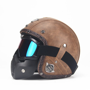 Nouveau casque de <span class=keywords><strong>moto</strong></span> rétro en cuir 3/4 ouvert, style vintage Cafe Racer, <span class=keywords><strong>masque</strong></span> détachable, coque ABS légère, toutes saisons - Product Image 3