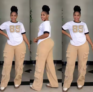 Moda calda vendita due 2 pezzi Set abbigliamento <span class=keywords><strong>donna</strong></span> completo girocollo da <span class=keywords><strong>donna</strong></span> ampia manica corta t-shirt e pantaloni <span class=keywords><strong>Cargo</strong></span> - Product Image 3