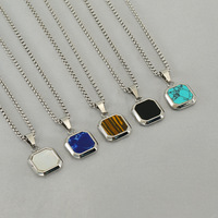 Collier pendentif carré en acier inoxydable avec incrustation de coquillage, chaîne à maillons, bijoux géométriques unisexes, cadeau de mode