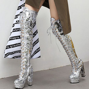 Solid Sequins Cloth Upper Chunky <b>Heel</b> Women Boots High <b>Heel</b> Thigh High Booties Slip-on Dating Party Winter Over Knee High Boots - Product Image 2