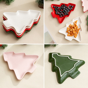 Juego de platos de cerámica con forma de árbol de Navidad, en blanco, verde, rosa y rojo, con forma de estrella, para servir bocadillos, decoración de mesa para fiestas navideñas. - Product Image 4