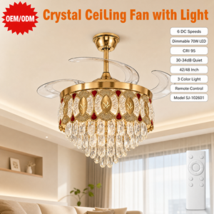 Ventilateur de plafond en cristal avec lumière, pales rétractables, moteur DC 6 vitesses, LED dimmable 3 couleurs, télécommande, pour hôtel et salle à manger - Product Image 1
