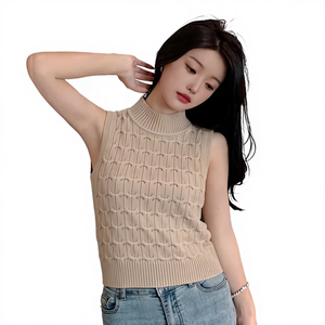 Haut en tricot fin polyvalent en laine, style torsadé, col semi-montant, dos nu, collection Printemps-Été - Product Image 4