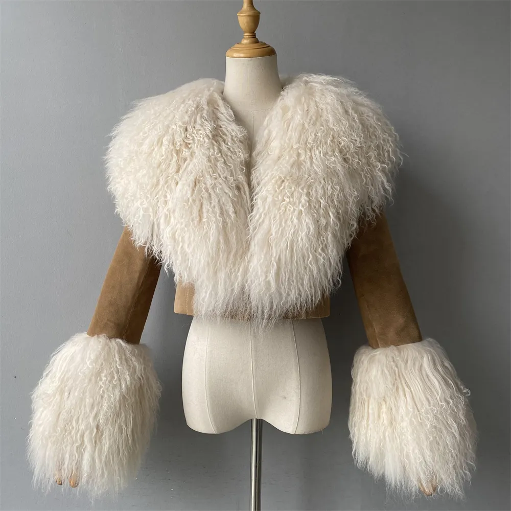 Cappotto in vera pelle di pecora morbido e soffice personalizzato di lusso Mongolia collo in pelliccia polsini primavera autunno giacca corta in vera pelle da donna