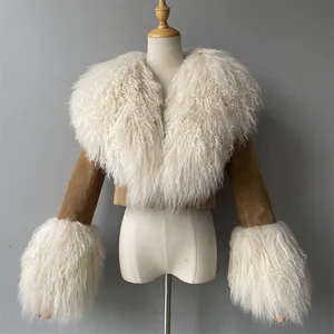 Real Sheep Skin Coat Soft Fluffy Custom Luxury Mongolia Lamb Fur Collar Cuffs Spring Fall Genuine Leather Crop Jacket For Women