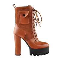 Bottines à plateforme marron à lacets pour femme 2025, talon épais avec poche, chaussures de soirée tendance