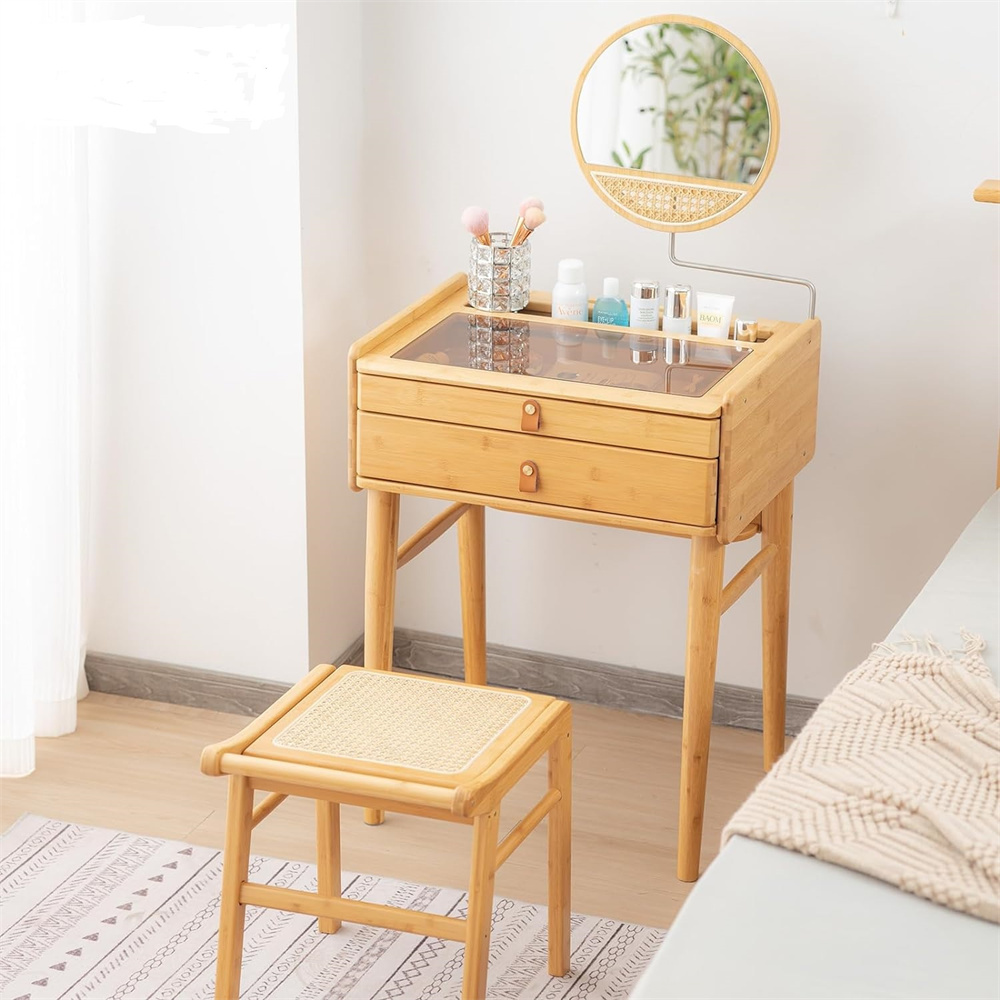 Vintage Makeup Vanity Table Set with Mirror - Modern Wood