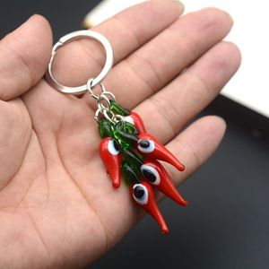 Glass Evil Eye Key Ring Lucky Evil Eye Red Chilli Keychain Vegetable Food Pepper Italian Horn Key Chain Amulet Bag Charm Pendant
