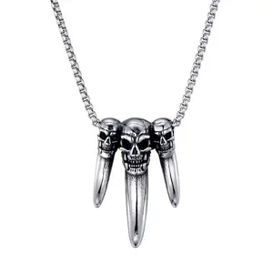 2023 Hip Hop Three Skull Ghost Teeth Pendant Stainless Steel Chain Necklace Trend Accessories