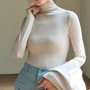 Camiseta Modal de Cuello Medio Alto para Mujer, Prenda Exterior Fina y Delgada de Color Liso, Top de Manga Larga, Camiseta de Moda - Product Image 5