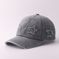 Gorra de Béisbol de 6 Paneles de Algodón Puro Certificado, Lavada, con Doble Estrella de Cinco Puntas; Estilo Americano Casual