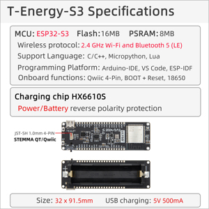 บอร์ดพัฒนา LILYGO T-Energy-S3 ESP32-S3 ของแท้พร้อมส่ง หน่วยความจำแฟลช 16MB หน่วยความจำ PSRAM 8MB WiFi  พร้อมโมดูลใส่แบตเตอรี่ 18650 - Product Image 6